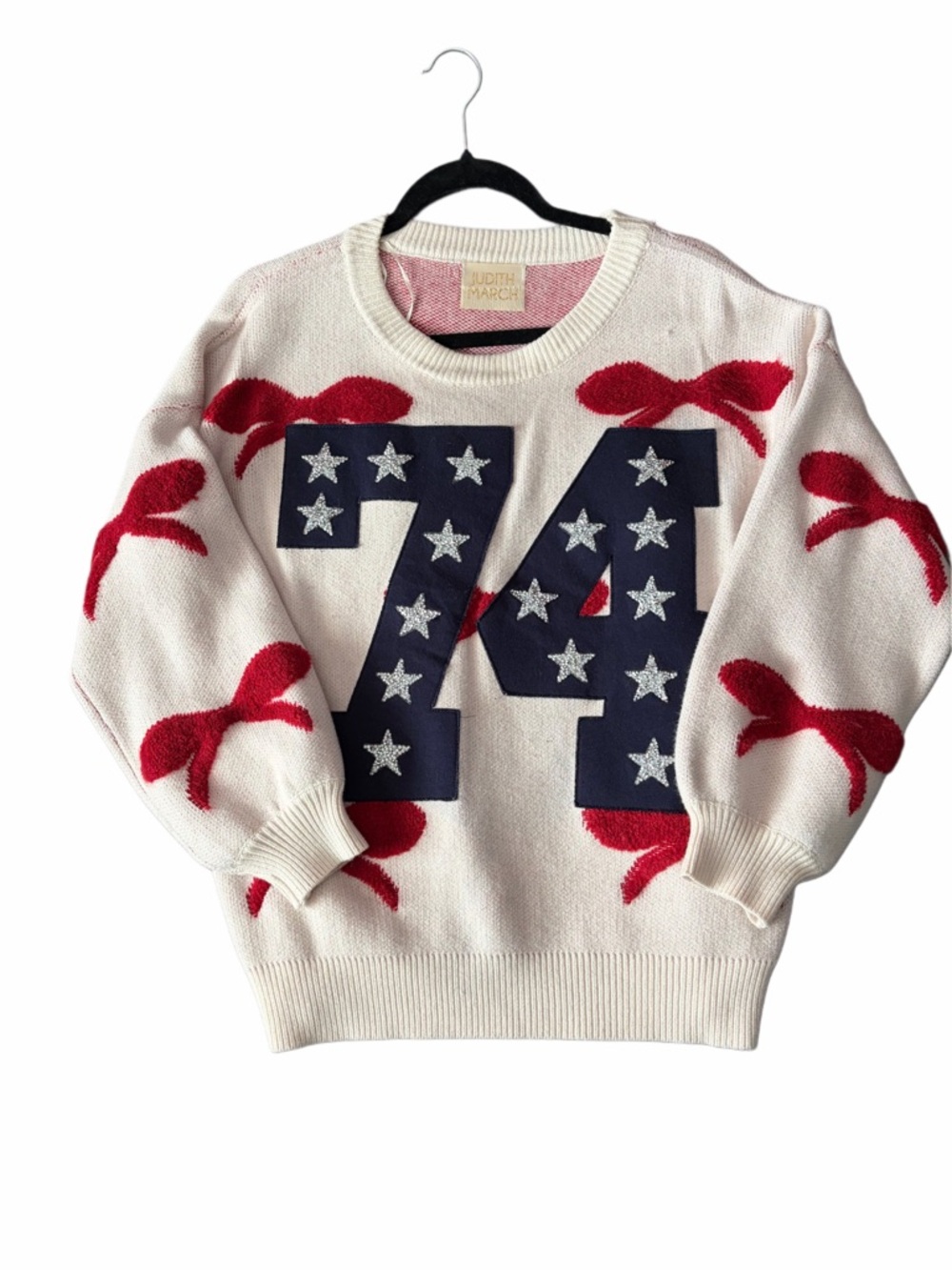 Judith March Cream Sweater with Navy '74' and Red Accents